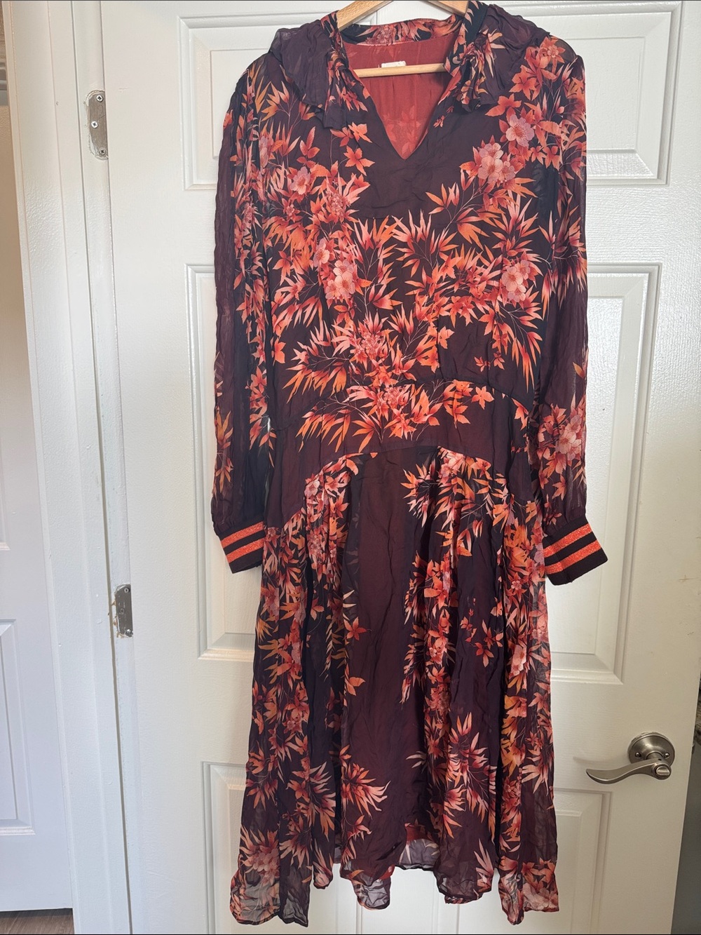 Warm Burgundy Floral Maxi Dress with Coral Accents